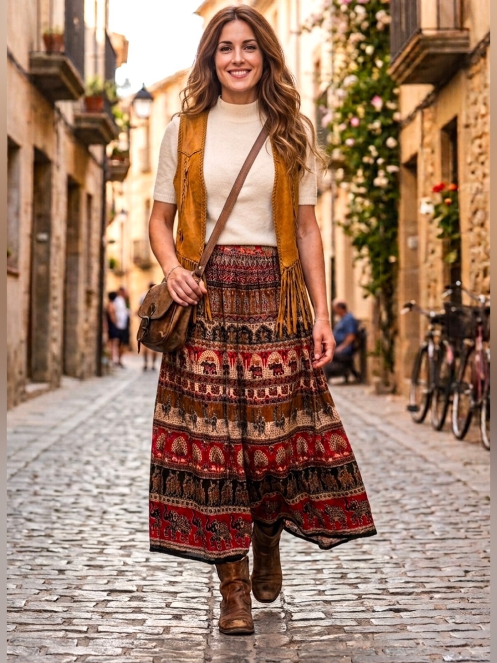Vintage Boho Broomstick Maxi Skirt M EUC Gypsy Fluid Elephant Fortune Earth Tone